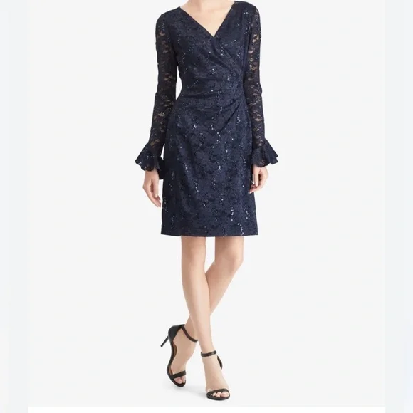 ralph lauren blue lace dress Lauren Ralph Lauren Womens Lace Bell Sleeve Cocktail Dress Navy 6